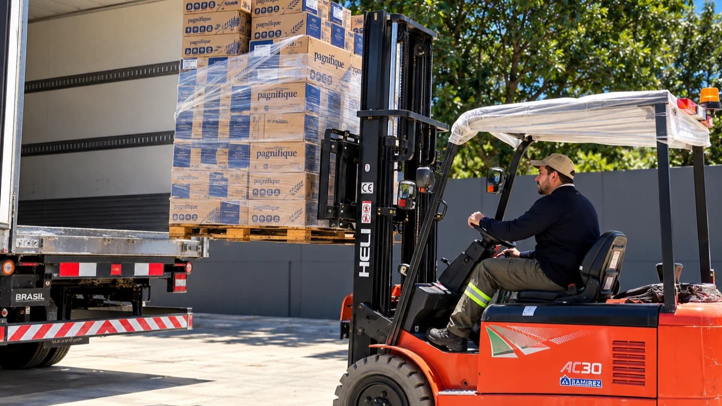 Operario conduciendo autoelevador con pallet de cajas Pagnifique ingresando a la caja de un camión