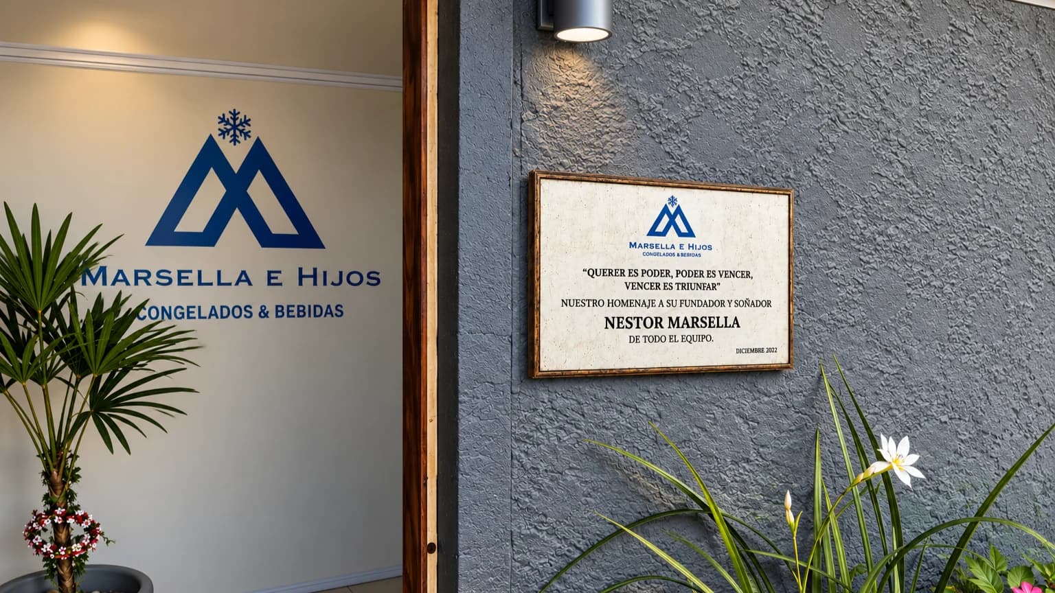 Placa conmemorativa en la entrada dedicada al fundador Néstor Marsella junto al logotipo institucional