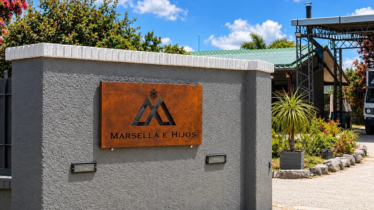 Muro de acceso con cartel calado de Marsella e Hijos en chapa de acero oxidado y palmera