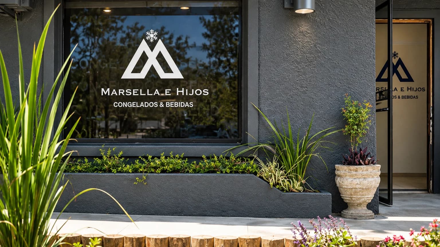 Fachada con gran ventanal vidriado y vinilo de Marsella e Hijos Congelados y Bebidas junto a canteros florales