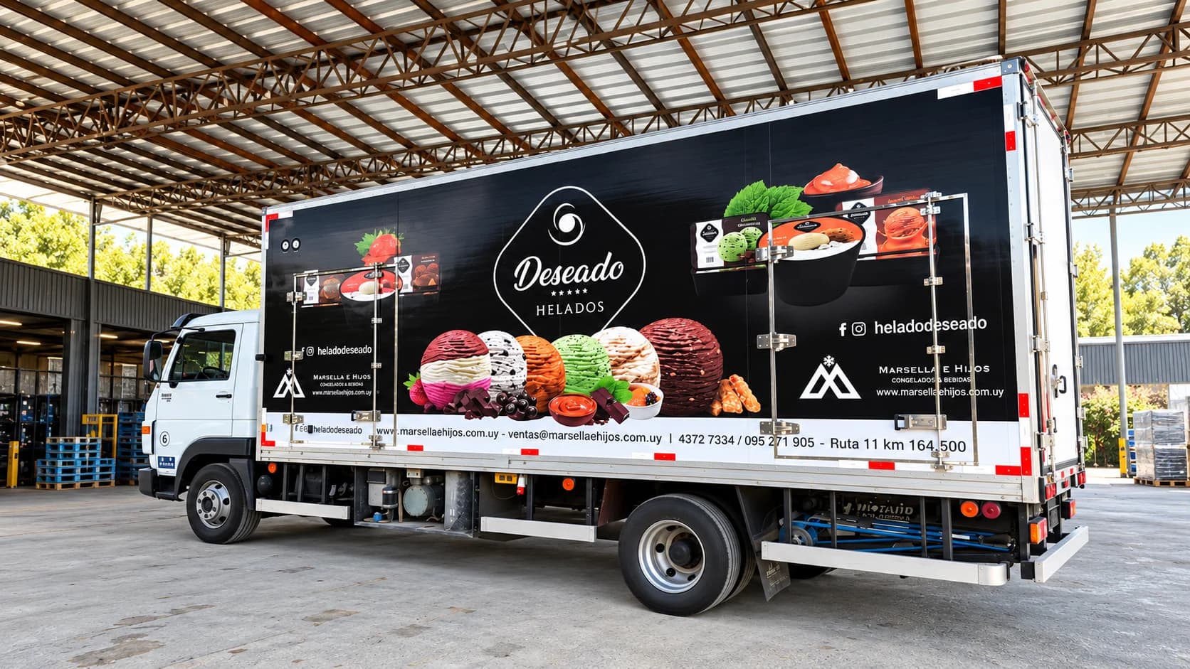 Camión de reparto con ploteo de Helados Deseado bajo un tinglado