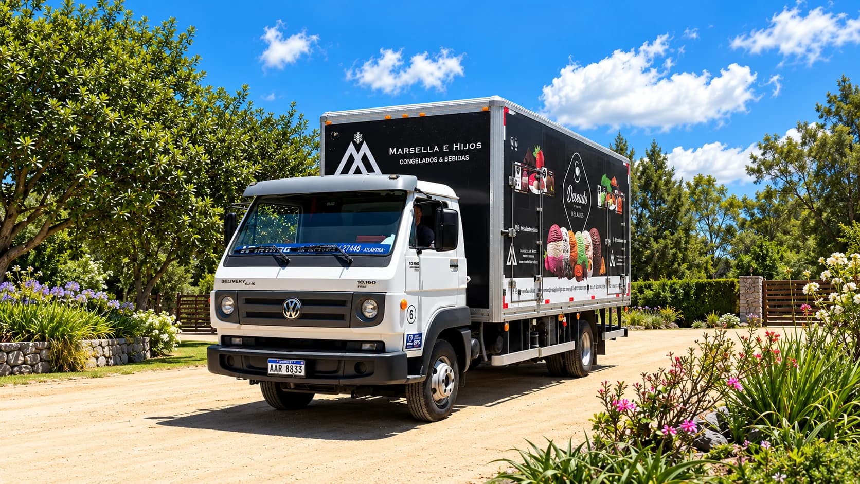 Camión Volkswagen Delivery blanco en camino de balastro con ploteo de Helados Deseado