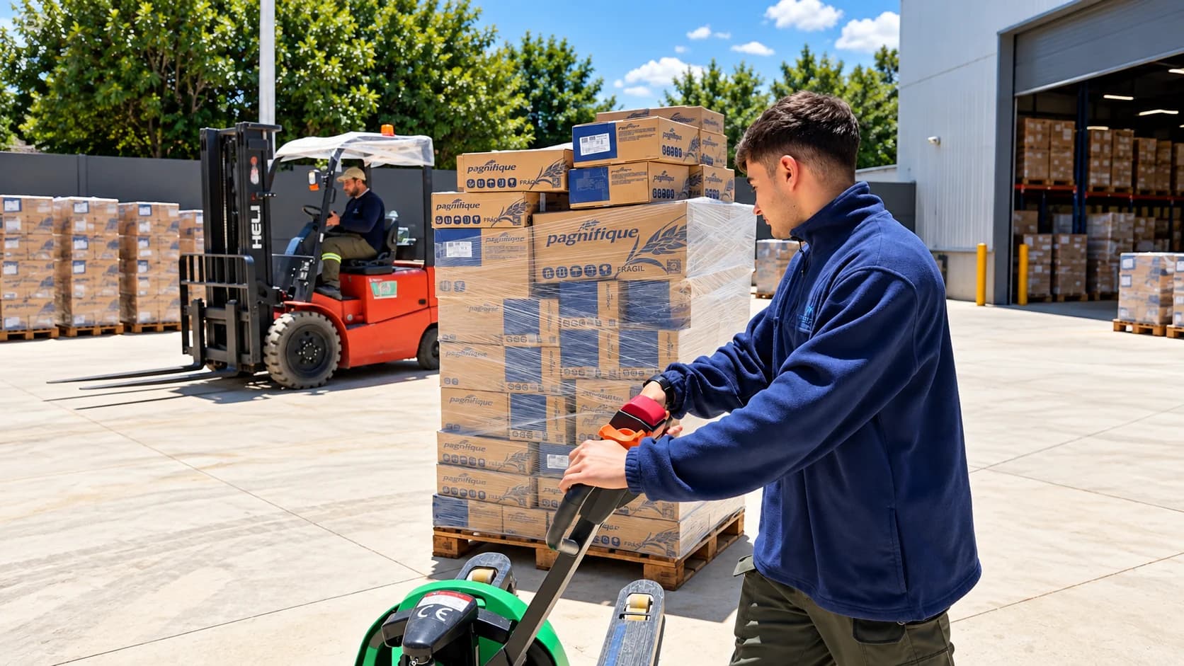 Operario con buzo polar trasladando pallet de productos congelados Pagnifique en el playón logístico