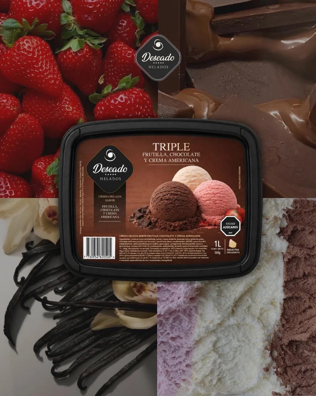 Helado de crema, chocolate y frutilla