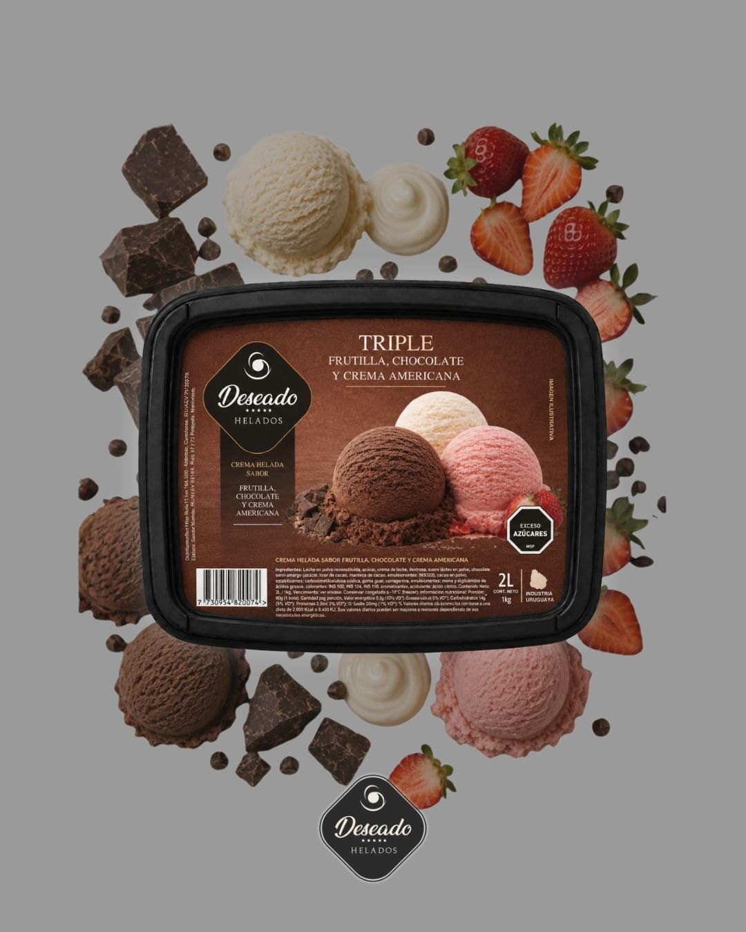 Helado de frutilla, chocolate y crema