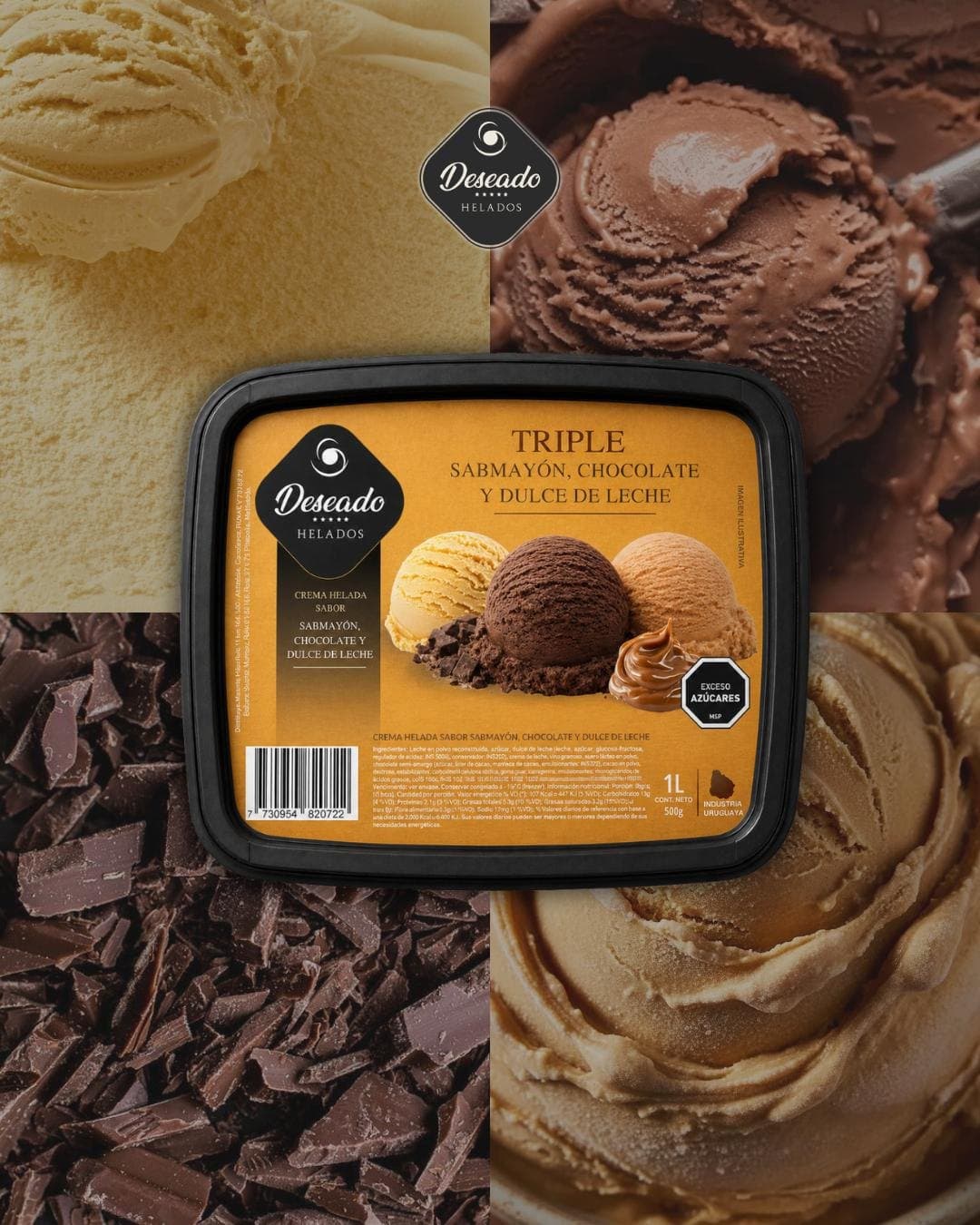Helado de sambayón, chocolate y dulce de leche