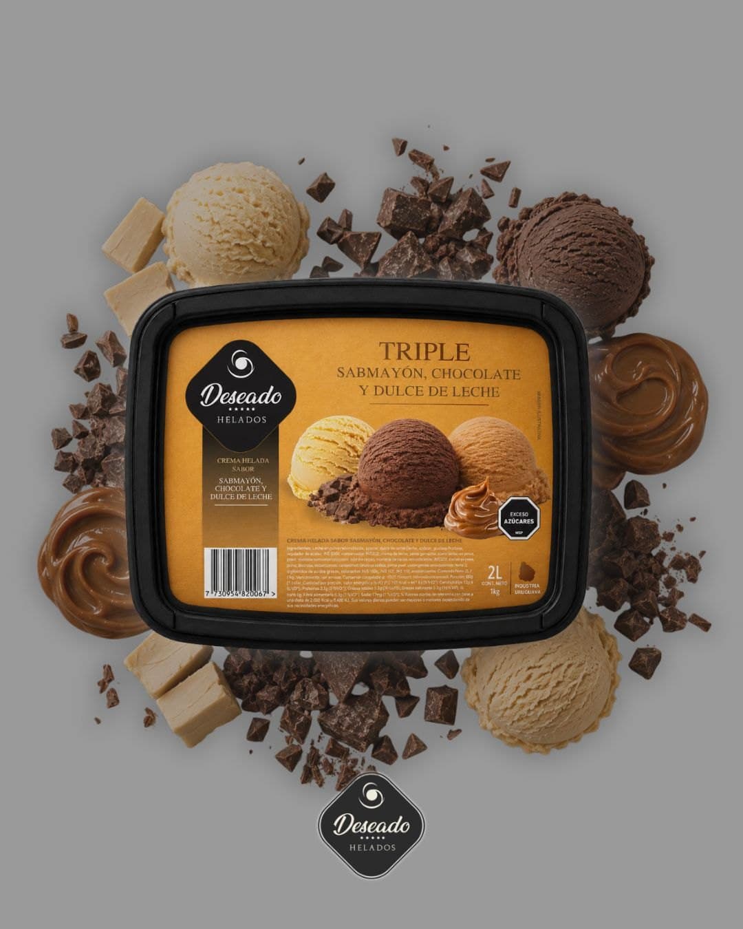 Helado de sambayón, chocolate y dulce de leche